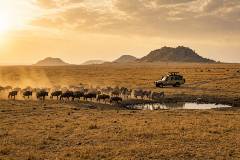Safari jeep traverses dusty savannah at sunset as zebras and wildebeest cross a near waterhole.