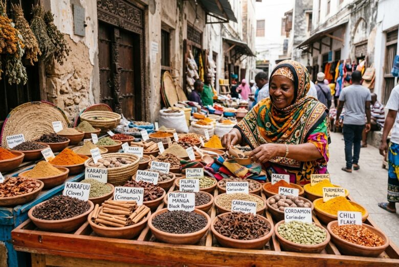Smiling spice vendor in a colorful headscarf scooping spices into a bag at an outdoor market stall with bowls of turmeric, chili, and herbs.