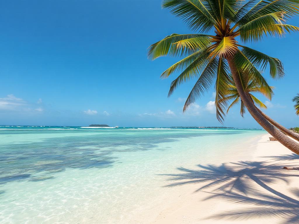 Tropical beach with white sand, clear turquoise water, and palm trees under a bright blue sky.