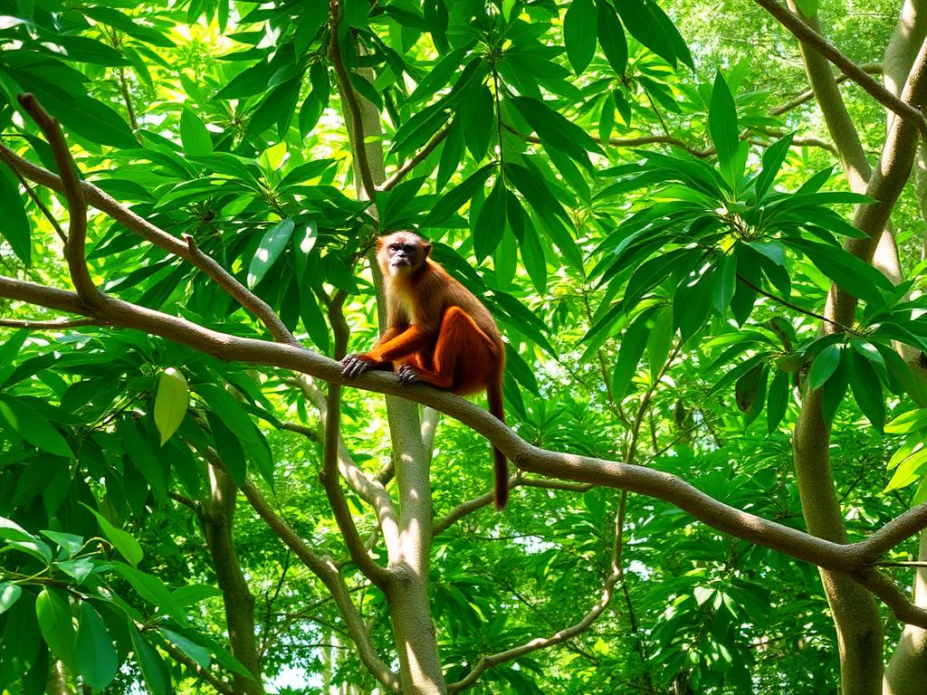 Golden monkey perched on a tree branch amid bright green jungle leaves and sunlight filtering through the canopy.