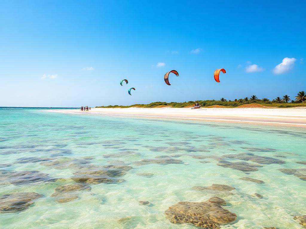 Turquoise shallow sea and white sandy beach with a group of people and colorful kites in a bright blue sky.
