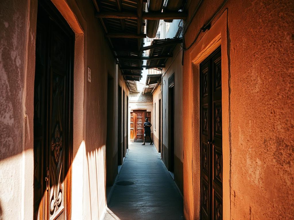 Narrow sunlit alley with orange walls, wooden beams overhead, and closed doors along both sides; a person stands at the far end.